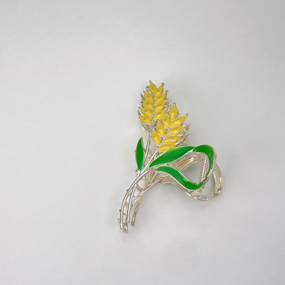 NEW Warm Silver Metal Yellow Wheat Green Leaves Hair Claw - Picture 2 of 8